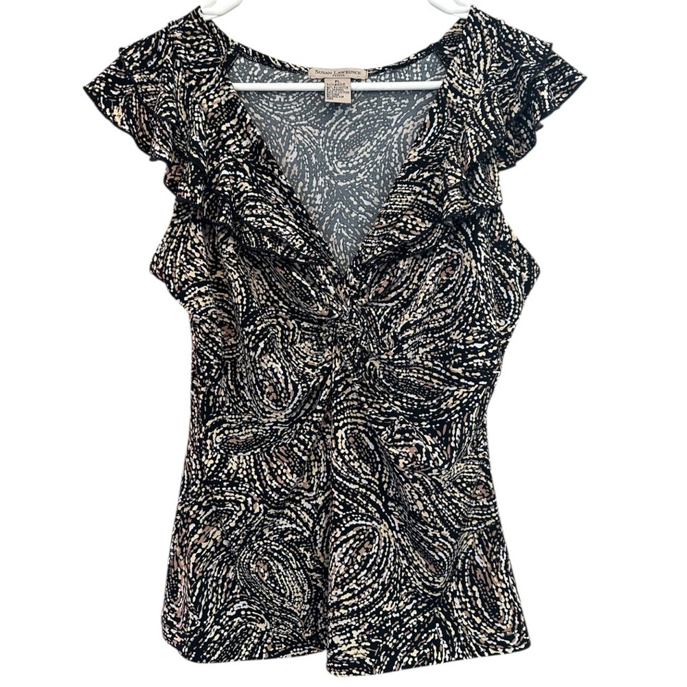 Y2K Era Susan Lawrence Black and White Swirl Blouse Size Large Petite